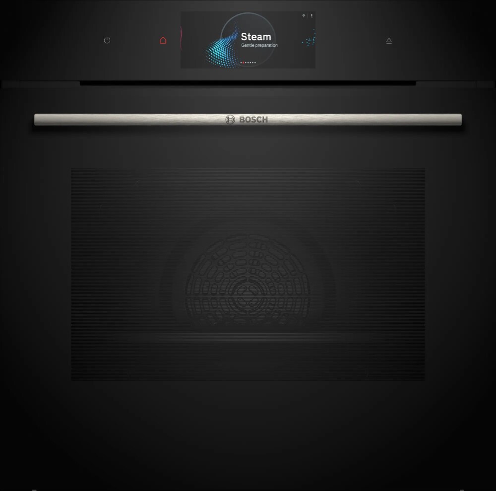 Bosch HSG7584B1 Einbau-Dampfbackofen Einbau-Dampfbackofen Bosch HSG7584B1 in Schwarz mit geöffneter Tür, von vorne.