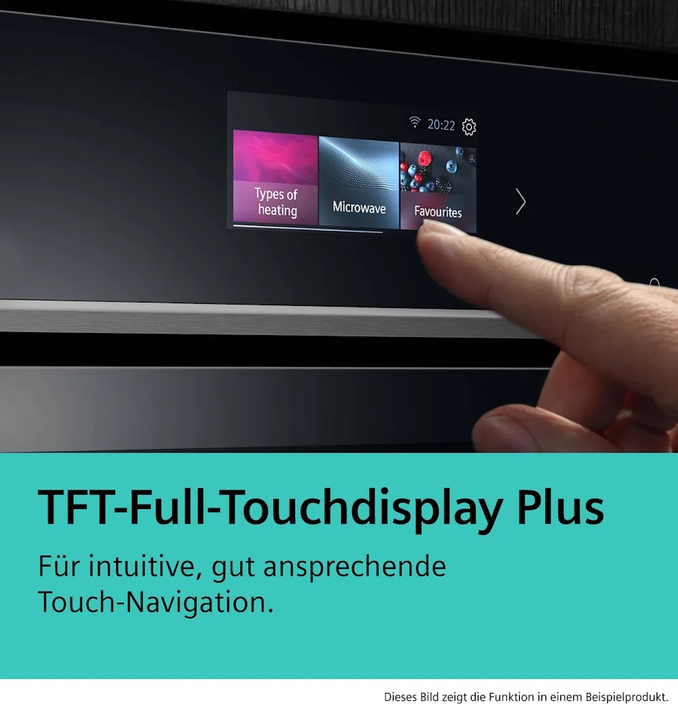 Nahaufnahme der intuitiven Touch-Navigation auf dem TFT-Full-Touchdisplay Plus des SIEMENS HB776G1B1 Backofens