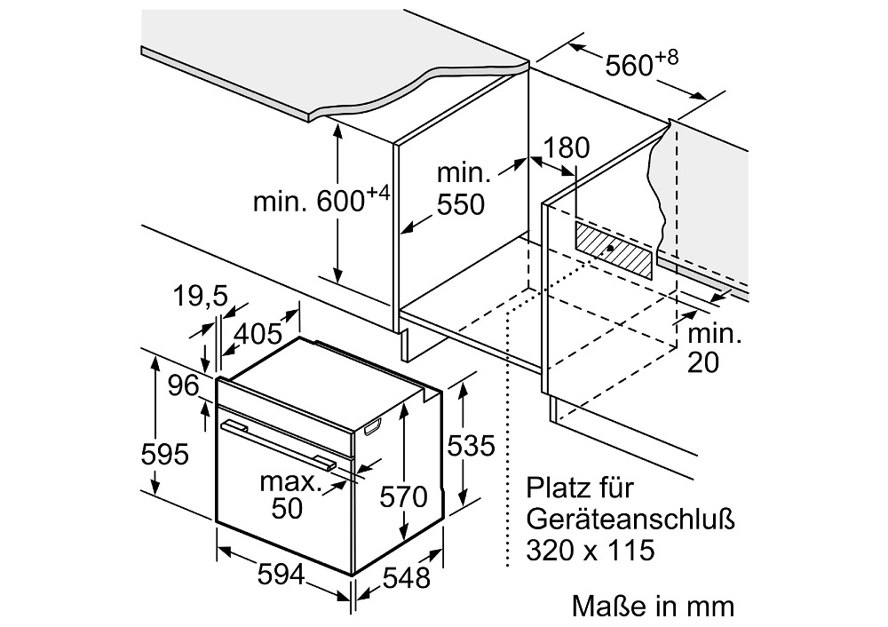 Technical dimension drawing of the Bosch oven with niche requirements and cabinet installation sizes in millimeters.