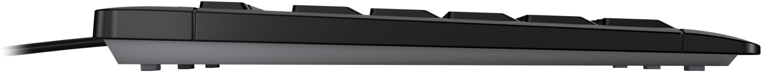 Cherry STREAM US-Black – linke Ansicht ohne Stützen. Cherry STREAM Tastatur in Schwarz, US-Layout – linke Seitenansicht ohne ausgeklappte Stützen.