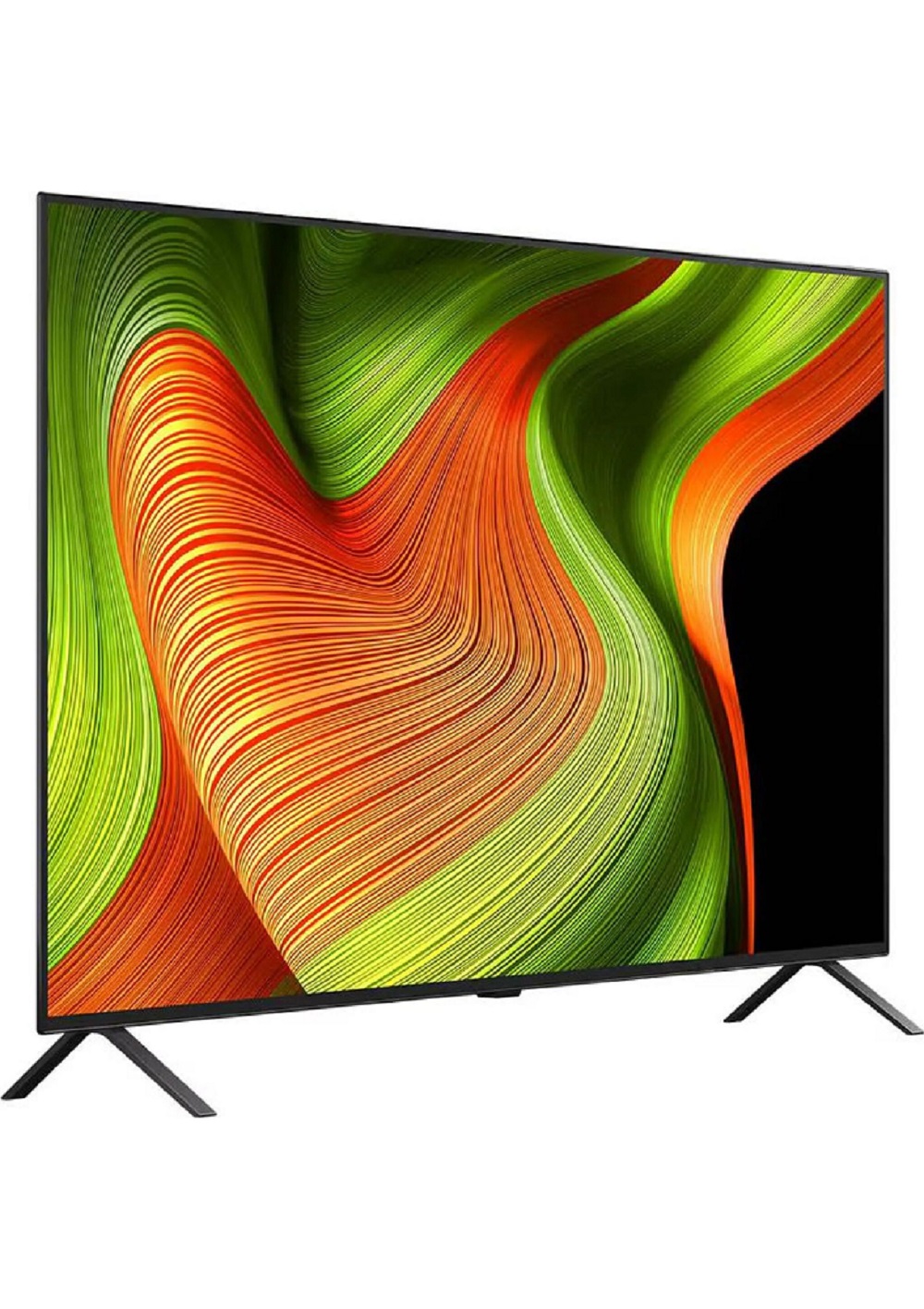 Dreiviertel-Frontansicht eines LG OLED TV mit AI-Grafik und schwarzem Metall-Standfuß auf weißem Hintergrund.