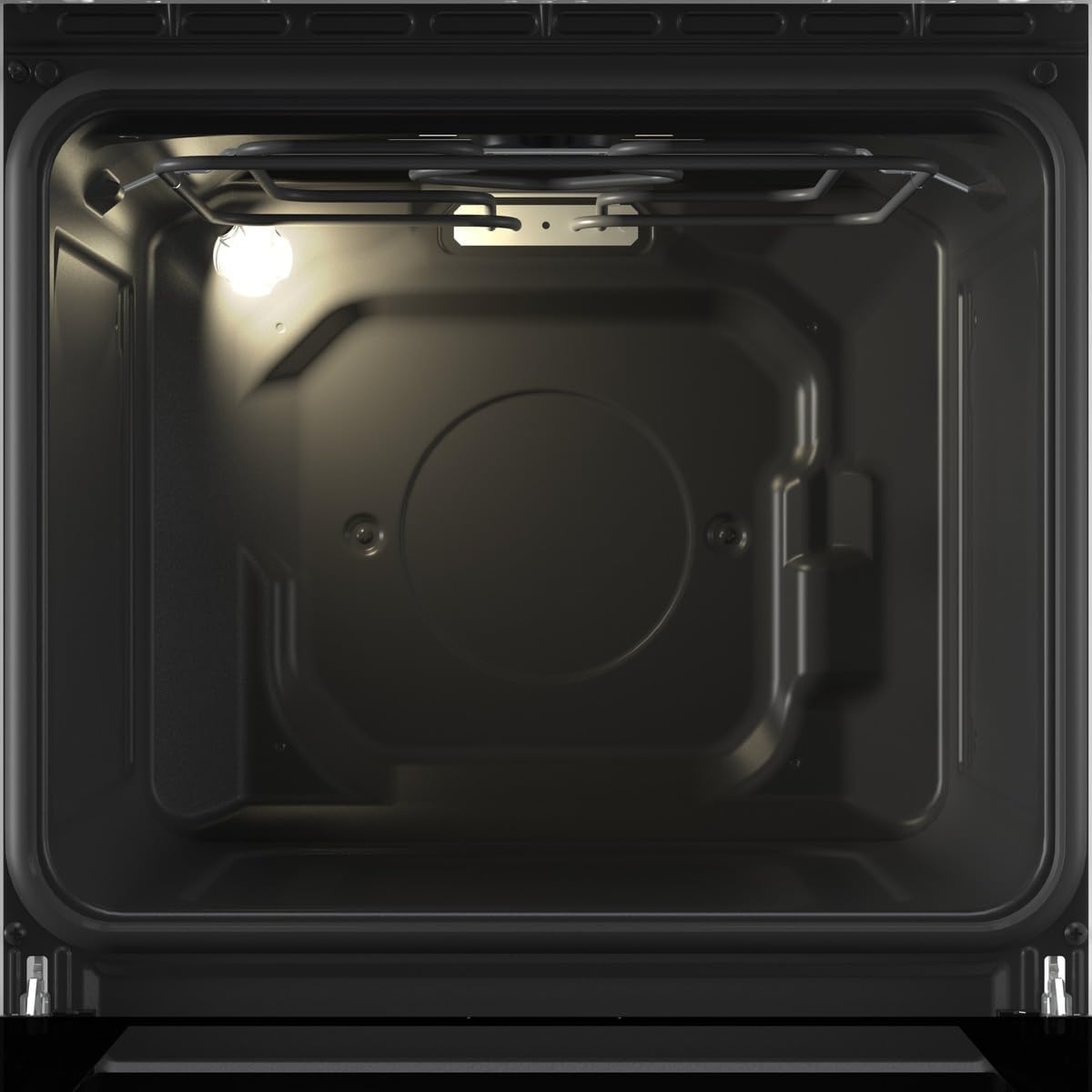 Geöffneter 74 Liter BigSpace Backraum mit Backblech und PerfectGrill Heizstäben.