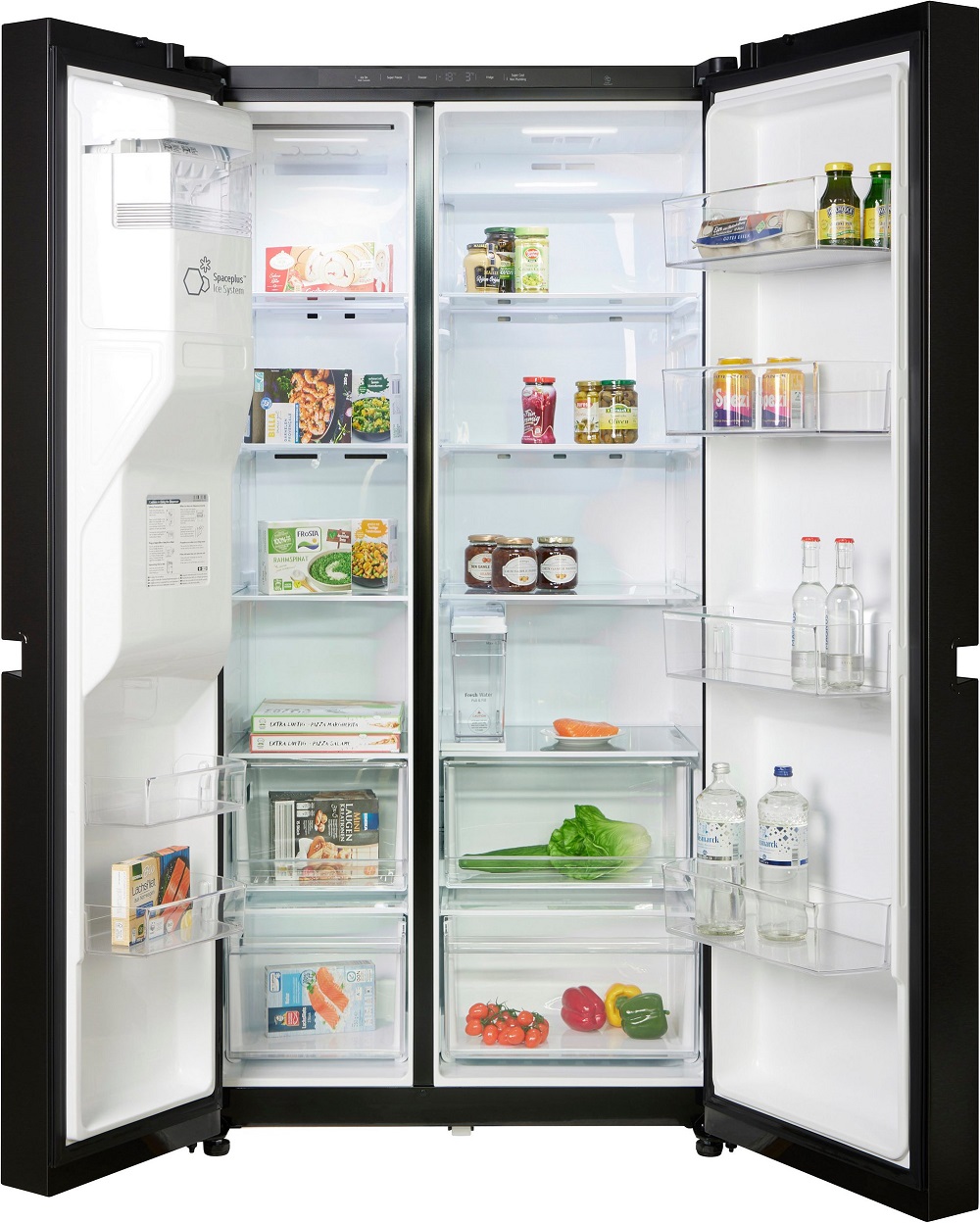 LG GSLC41EPPE Side-by-Side Kühlschrank mit geöffneten Türen und Innenraum sichtbar