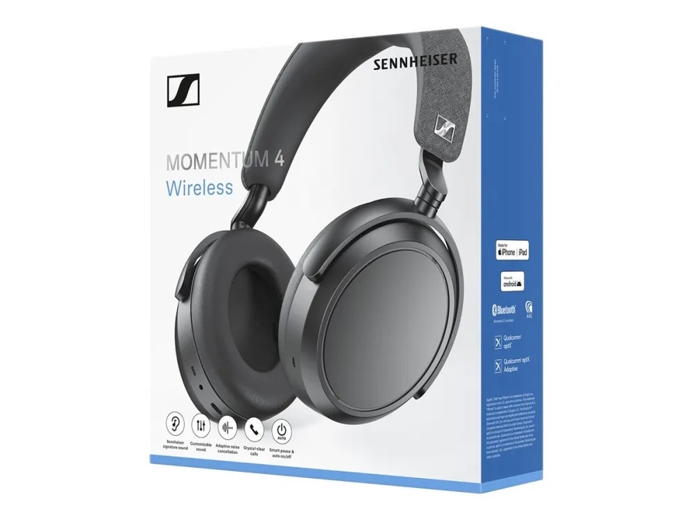 Produktverpackung des Sennheiser Momentum 4 Wireless Kopfhörers, zeigt Kopfhörer und technische Merkmale.