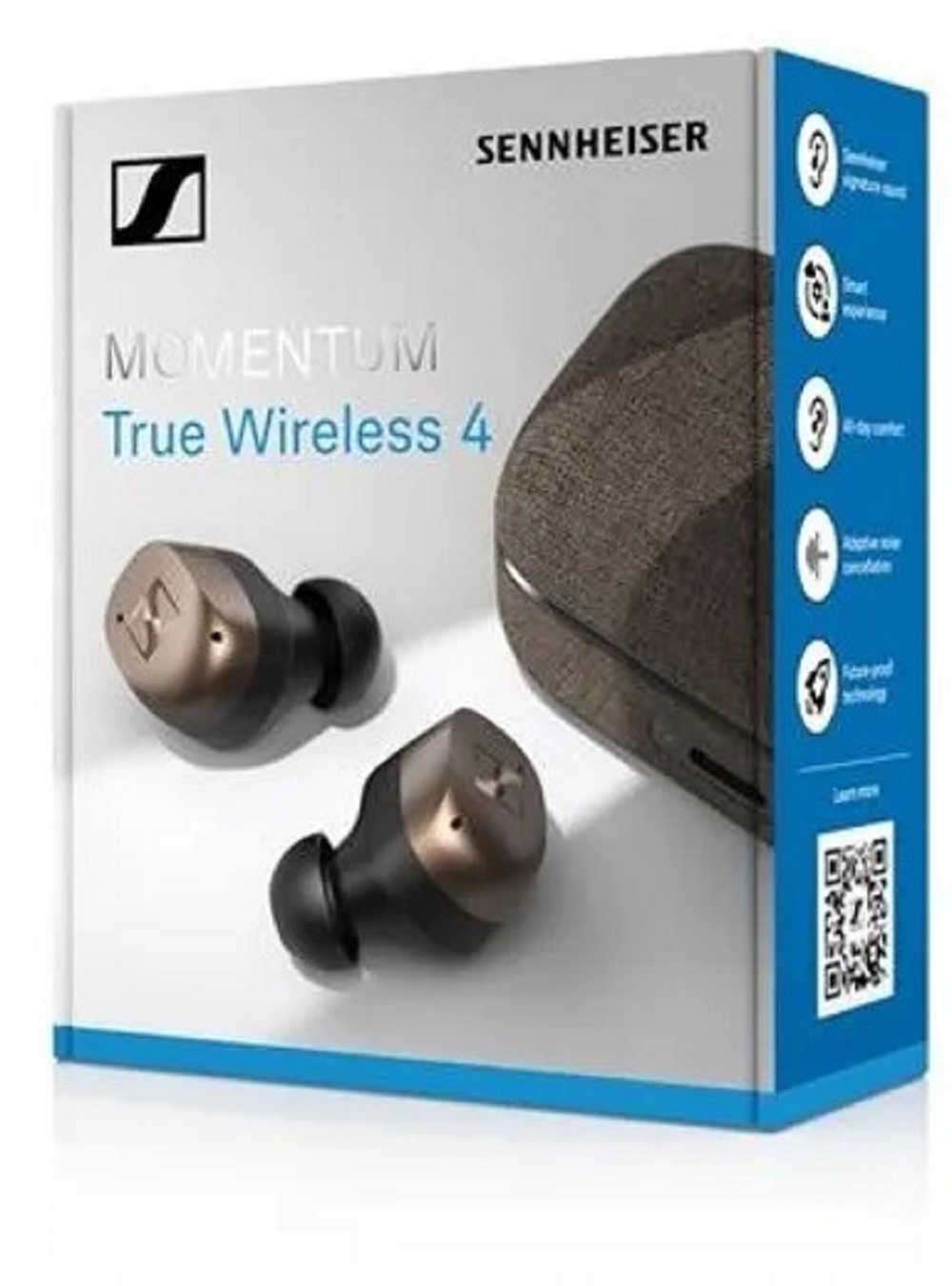 Produktverpackung der Sennheiser Momentum True Wireless 4, zeigt Kopfhörer und Case, mit Features auf der Seite.