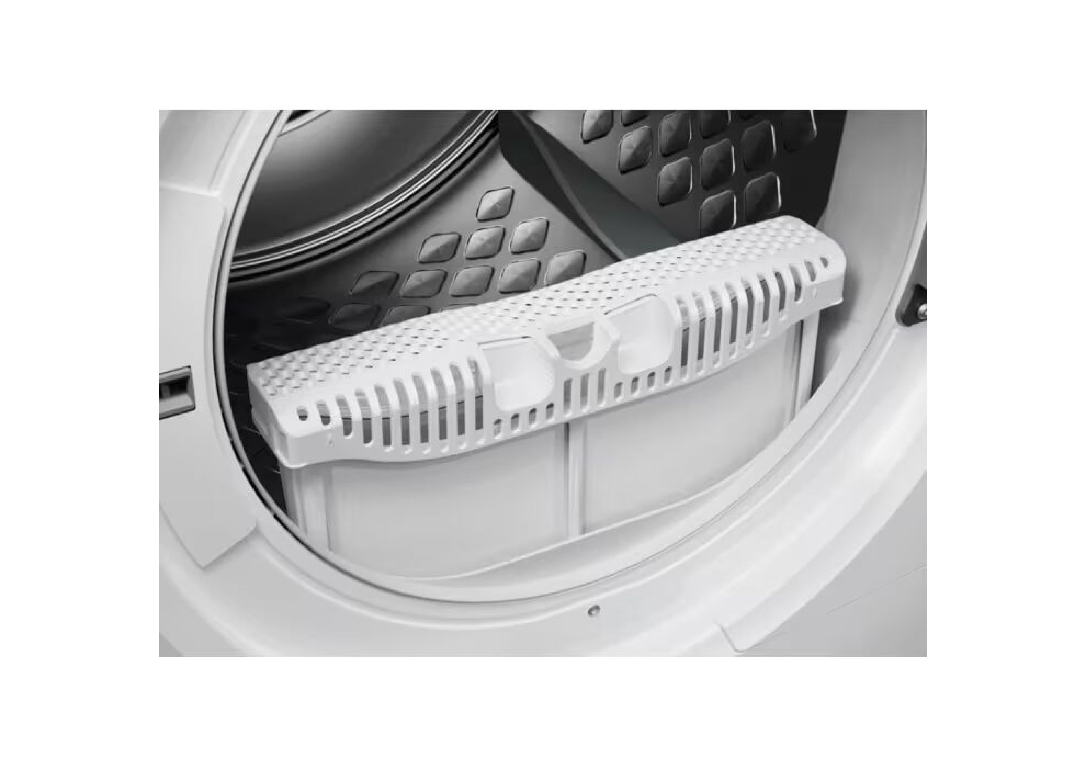 Detail view of the removable ÖKOFlow filter system of an AEG tumble dryer.