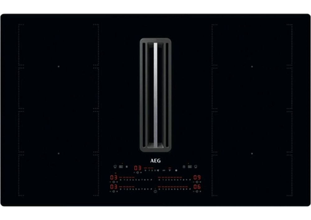 Top view of the black AEG CCE84779CB induction hob with central extractor grille and red illuminated touch controls.