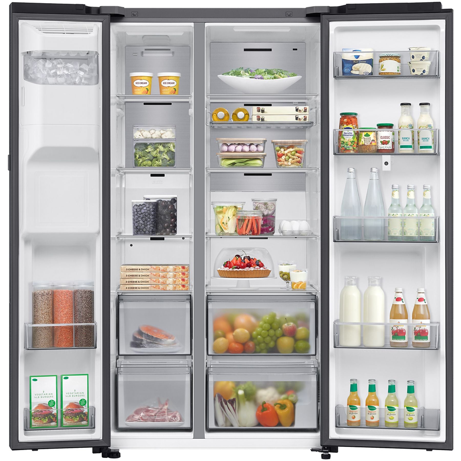 Open Samsung Side-by-Side refrigerator fully stocked with fresh food, drinks, and fruit.