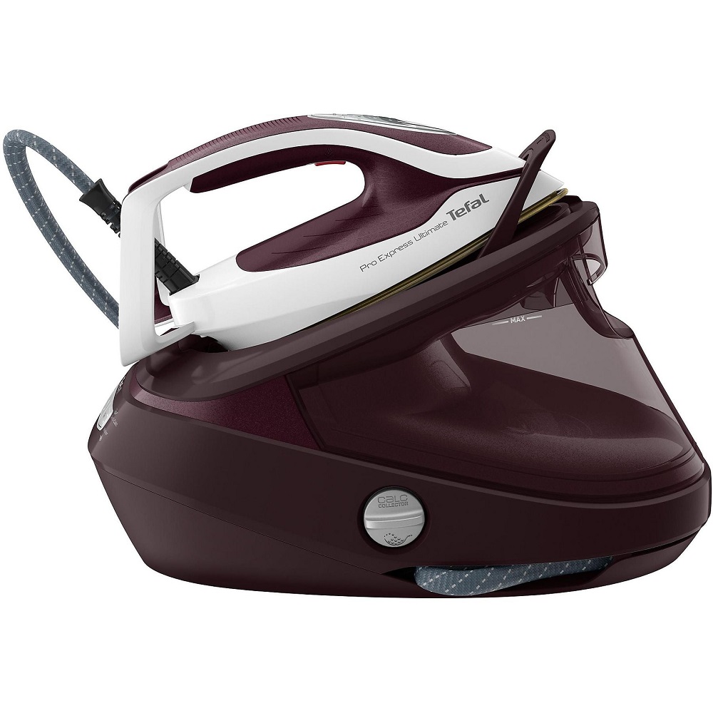 Seitenansicht der Dampfbügelstation mit Fokus auf den großen Wassertank und den Calc-Collector-Verschluss.