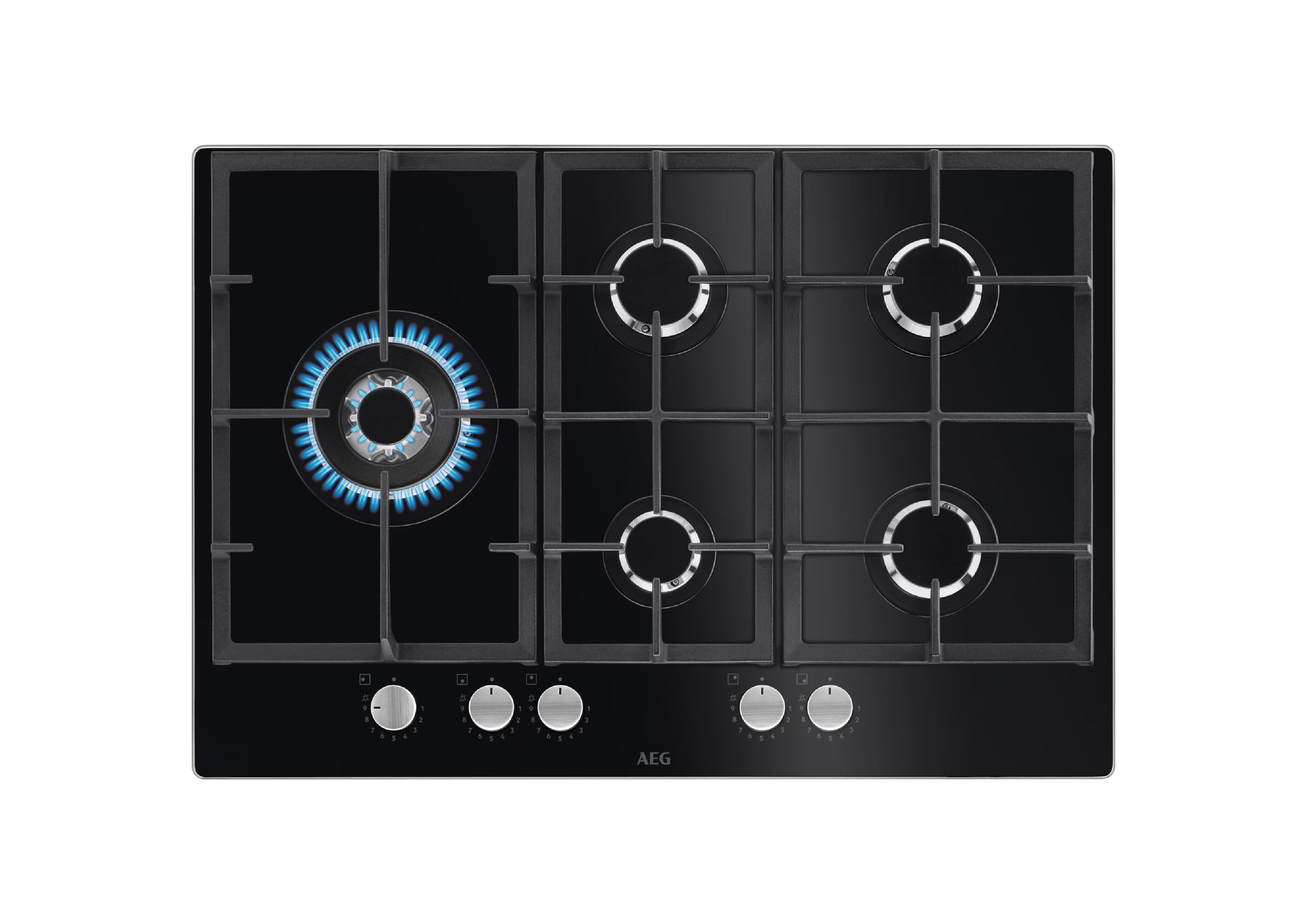 Top view of a black AEG gas hob with five burners and one active blue flame on the left
