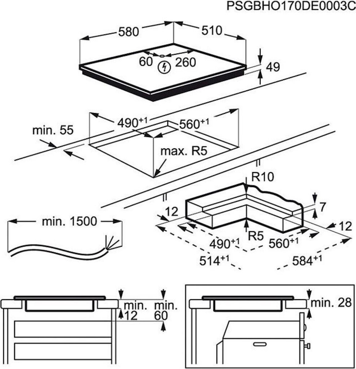 Technische Zeichnung AEG IKE64450IB mit Einbaumaßen 560 x 490 mm