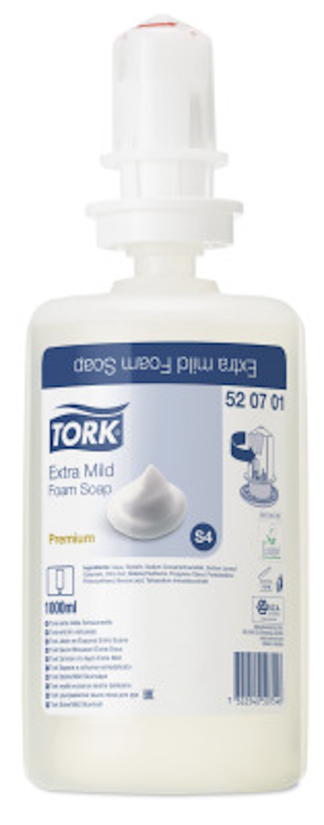Tork Schaumseife 520701, vollständige Flasche mit hygienischem Spendersystem.
