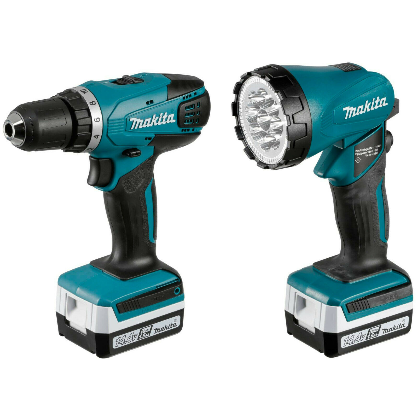 Makita DF347DWLX1 Akkubohrschrauber mit Lampe, beide Geräte nebeneinander.