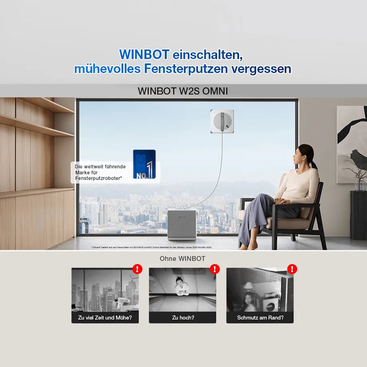 Ecovacs WINBOT W2S OMNI Window Cleaning Robot – WIN-SLAM 4.0, 6-nozzle spray, 8,000 Pa, app control, battery operation