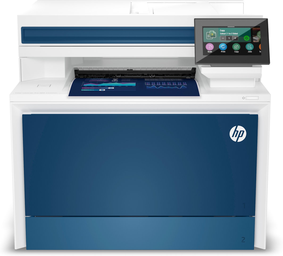 Detailansicht des 4,3-Zoll-Touchdisplays und Bedienfelds des HP Color LaserJet Pro MFP 4302 mit direktem Zugriff auf Druck-, Scan-, Kopier- und Faxfunktionen