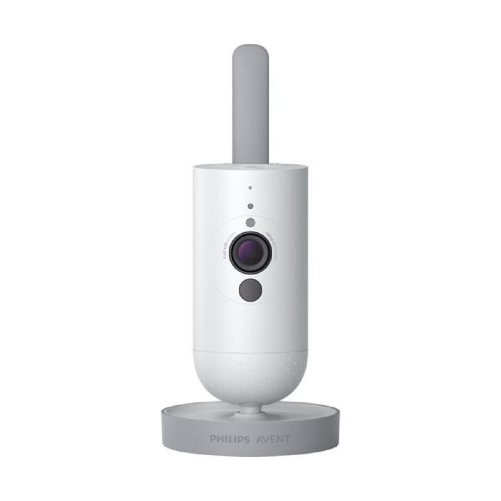 Frontansicht der modernen Philips Avent Babyphone-Kamera in Weiß und Grau mit integrierter Antenne.