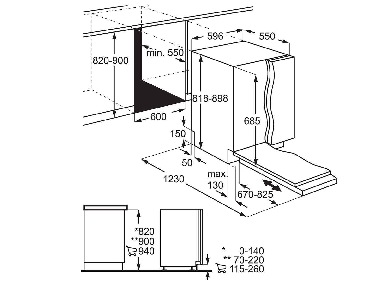 Technische Maßzeichnung und Installationsskizze für den AEG FSE82827P Geschirrspüler