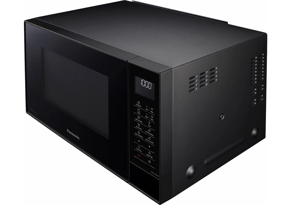 Seitenansicht der Panasonic NN-CT56 Kombi-Mikrowelle mit Fokus auf das matte Gehäuse und Lüftungsschlitze.