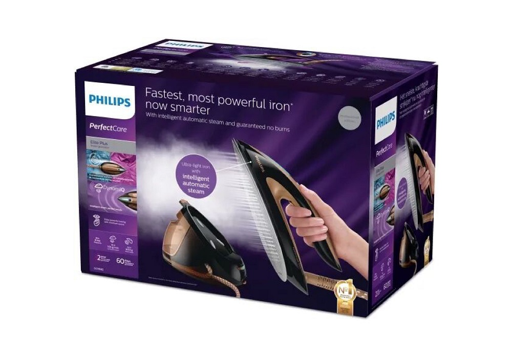 Verkaufsverpackung der Philips PerfectCare Elite Plus mit Hauptfeatures wie "No burns" Garantie