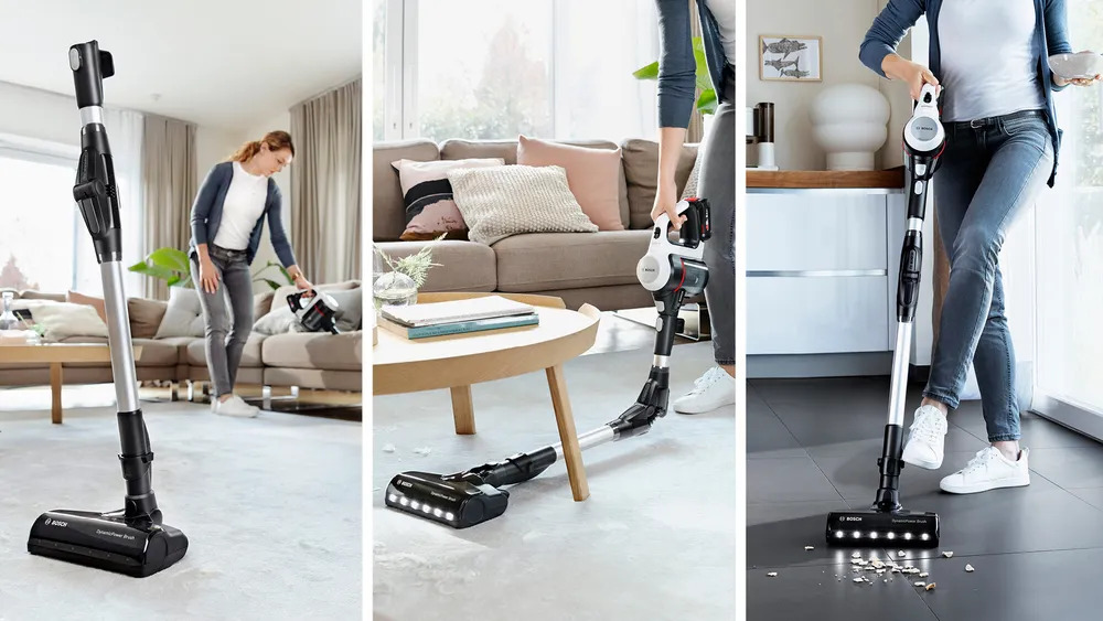 BOSCH BSS711W Akku-Stielstaubsauger in flexibler Anwendung, ideal für verschiedene Bodenarten und schwer zugängliche Bereiche.