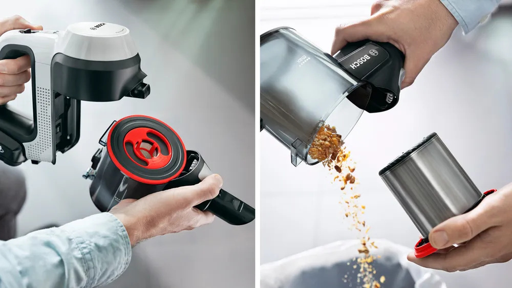 BOSCH BSS711W Akkusauger beim einfachen Entleeren des Staubbehälters ohne direkten Kontakt mit Schmutz.