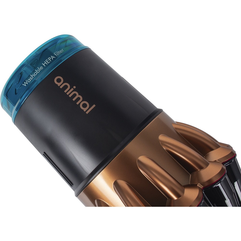 Nahaufnahme der Oberseite des Dyson Piston Animal Spezial mit der Aufschrift „Animal“ und dem blauen „Washable HEPA filter“ Gehäuse.