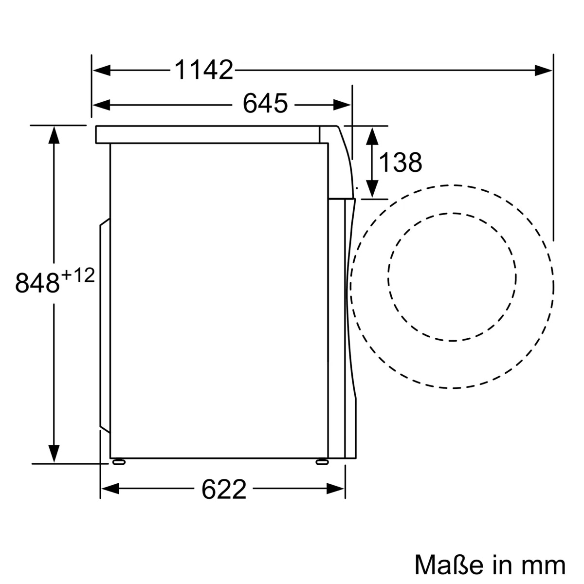 Technische Zeichnung mit den Geräteabmessungen: Höhe 848 mm, Breite 598 mm, Tiefe 622 mm.