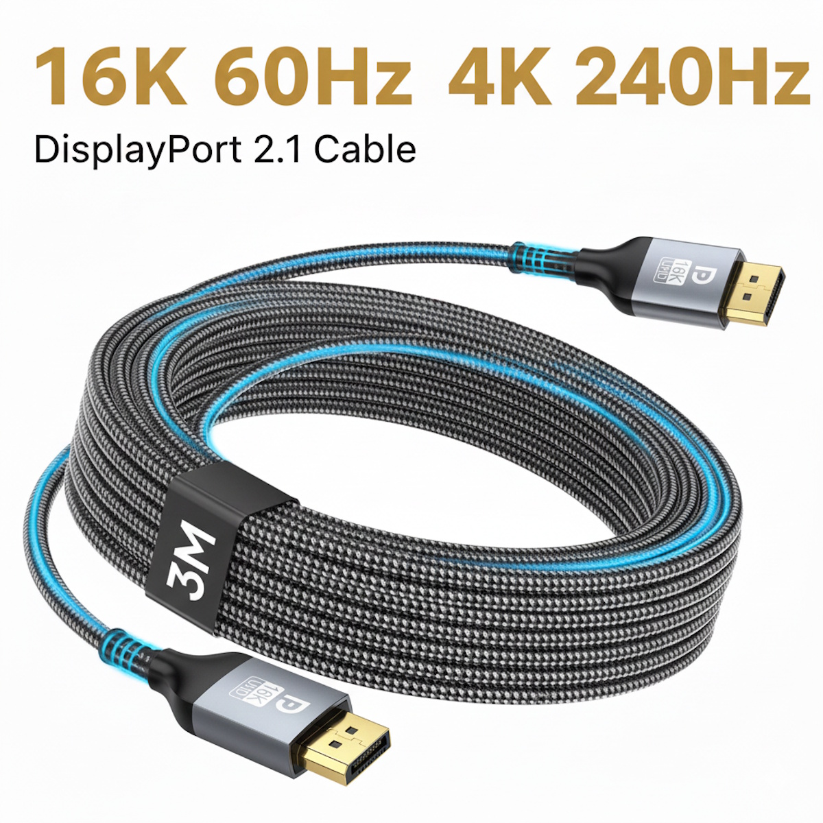 Detailed view of reinforced braided DisplayPort 2.1 cable jacket for enhanced durability
