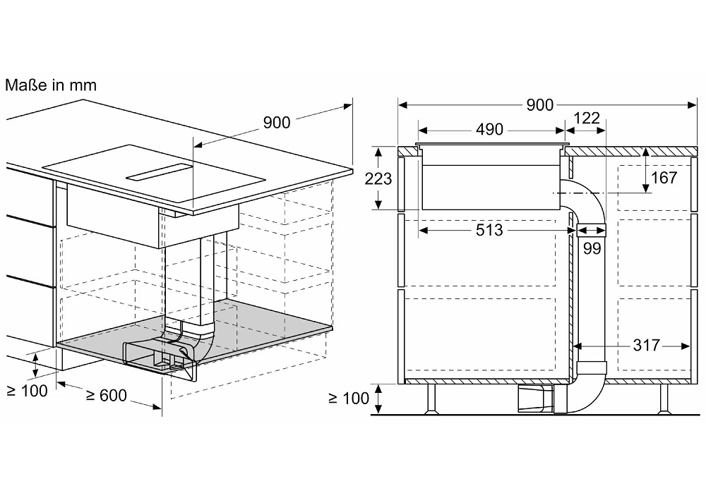 Installation schematic of the air ducting and piping for the extractor within a 900 mm wide kitchen base cabinet.