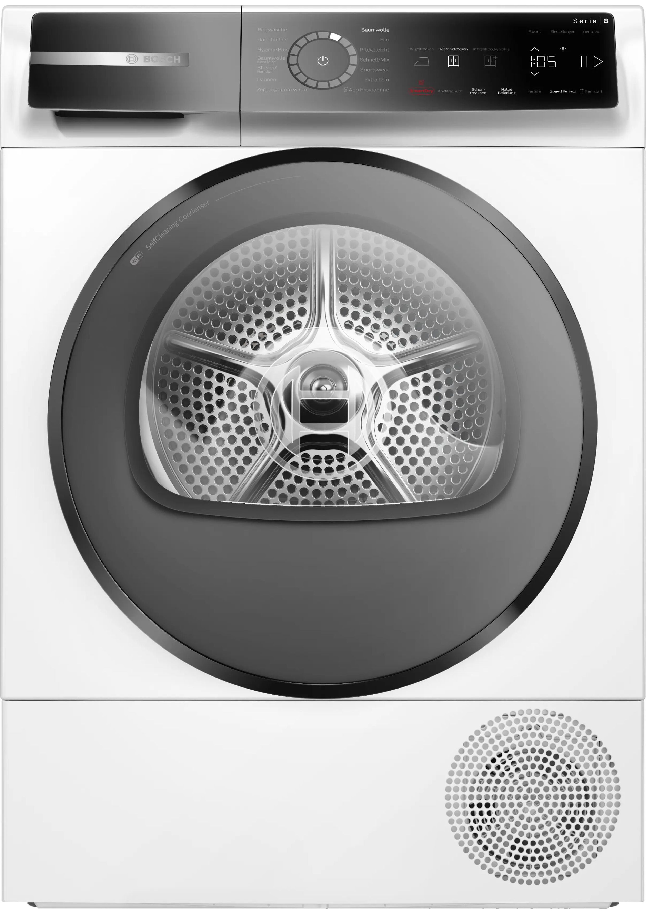 Front view of the white Bosch Series 8 heat pump dryer with a dark glass door.