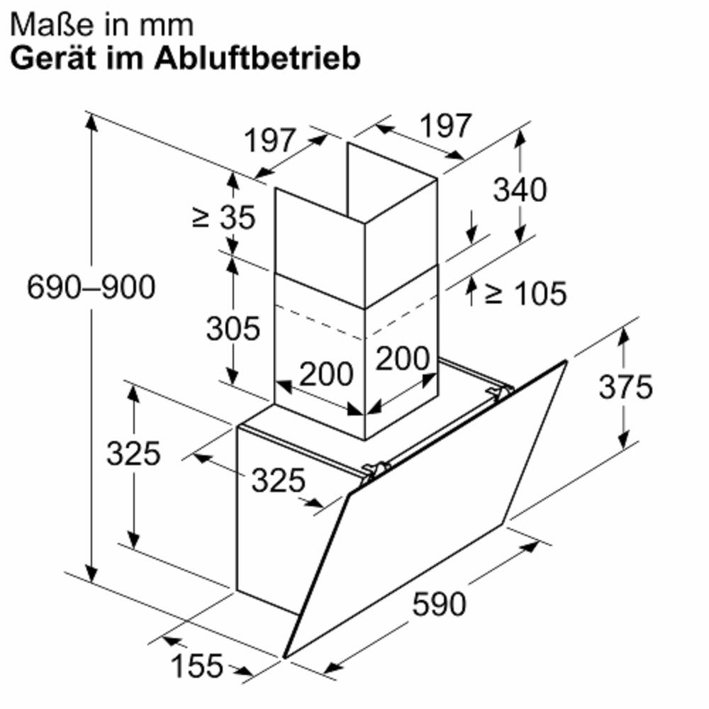 Maßzeichnung der Bosch DWK65DK60 Dunstabzugshaube mit den genauen Einbaumaßen für den Abluftbetrieb.