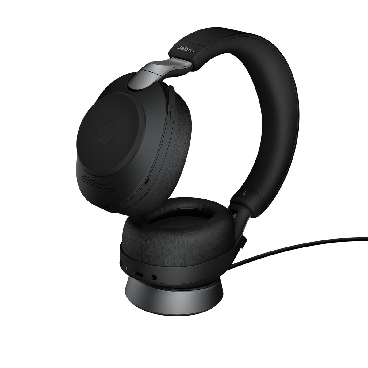 Headset, USB-C adapter, audio cable, and carry case on a light background.
