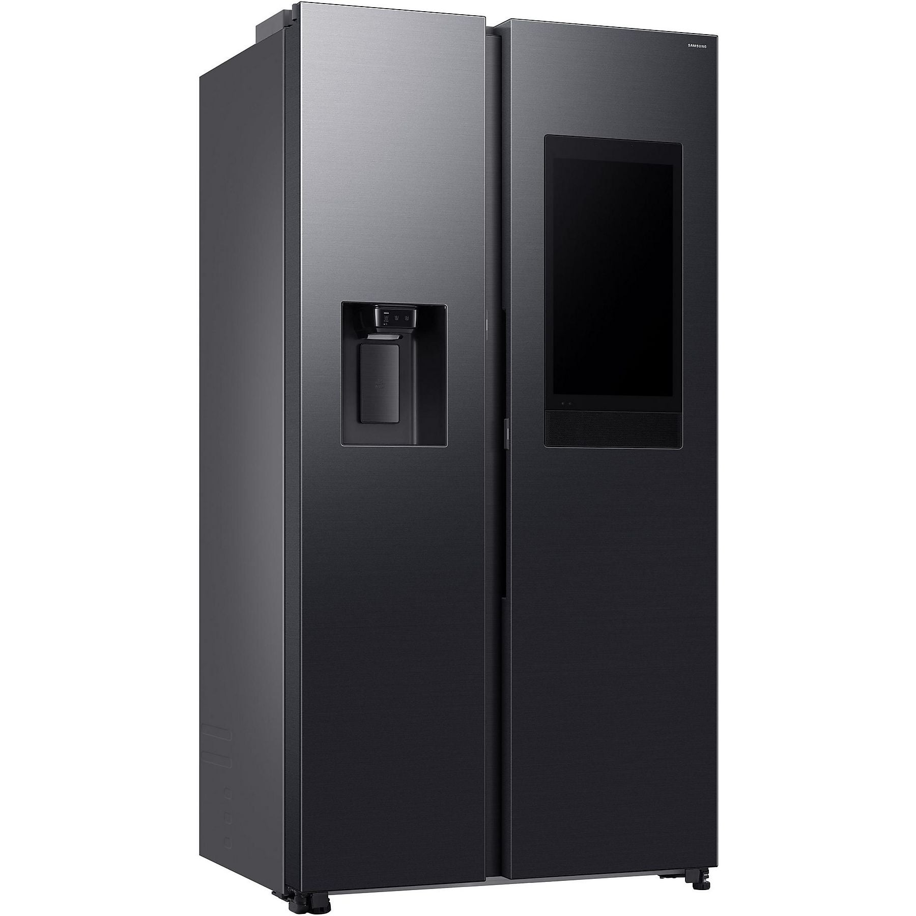 Side view of the Samsung Side-by-Side refrigerator in elegant black anthracite with Family Hub.