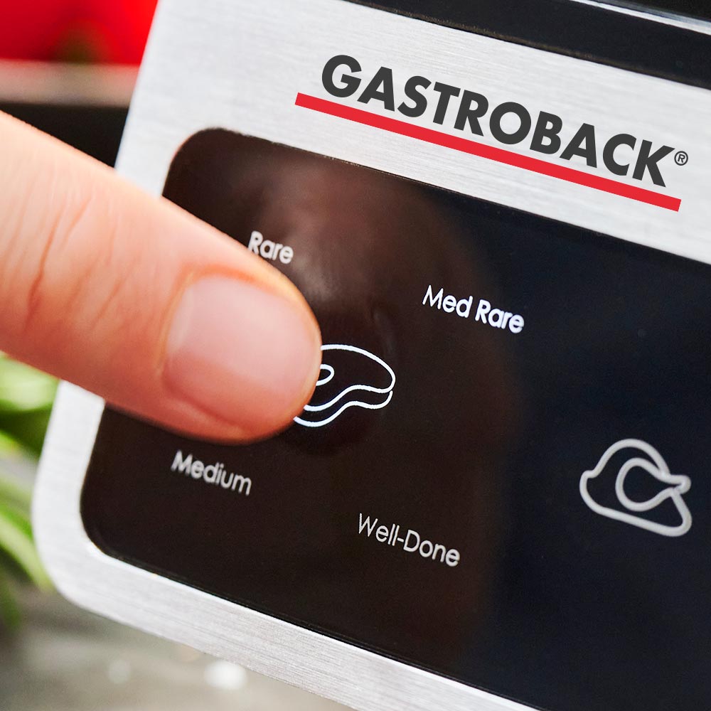 Programmtasten & Steakgarstufen am Design BBQ Advanced Smart Front‑Bedienpanel mit 6 Programmtasten und Steak‑Garstufen am GASTROBACK Kontaktgrill