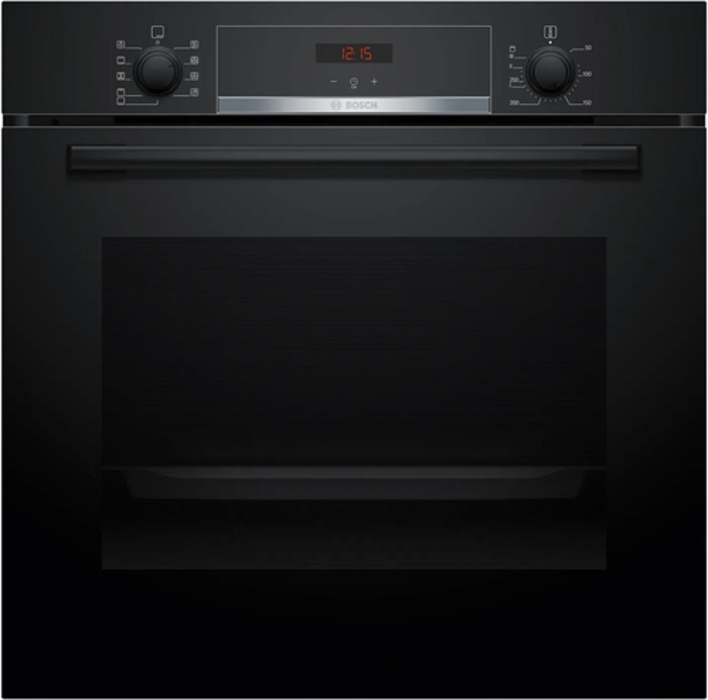 Front view of the closed Bosch oven in a complete black design with an elegant handle and control panel.