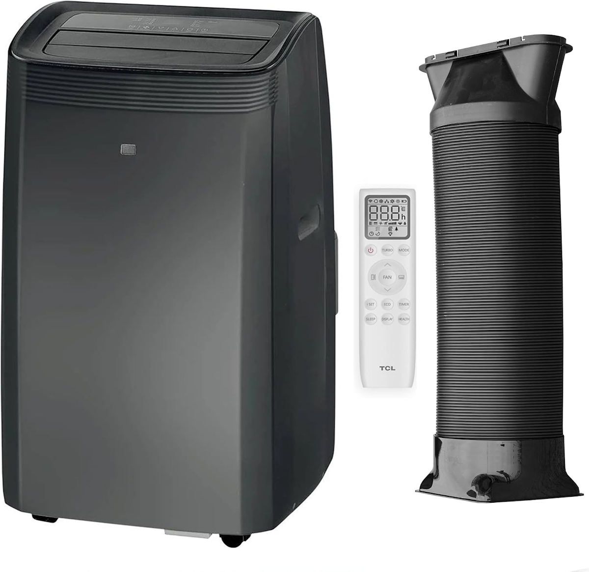 Seitenansicht des TCL TAC-09CPB/NZB HE Monoblock-Klimageräts mit Abluftanschluss für flexiblen Abluftschlauch, Kältemittel R290 (GWP 3)