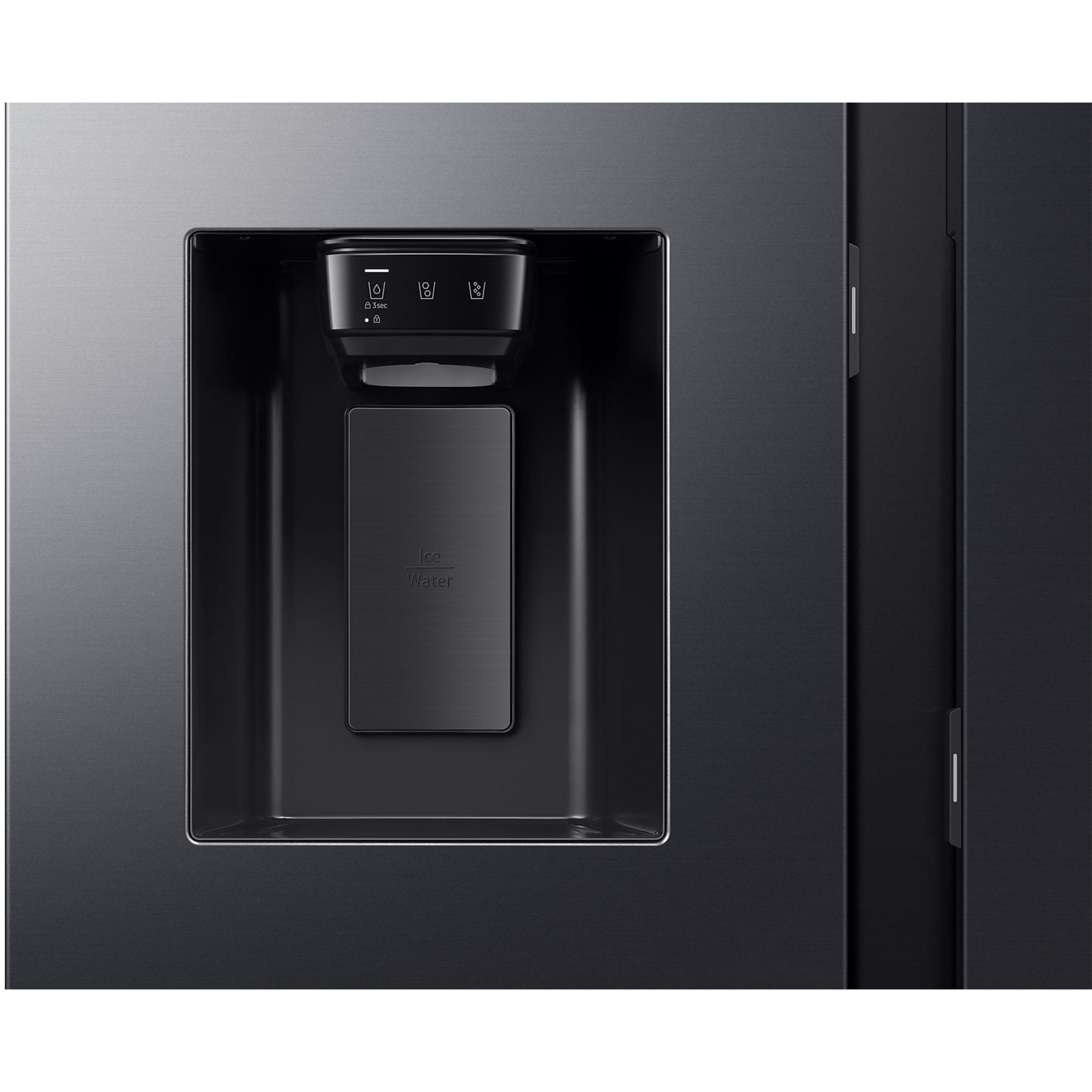 Close-up of the integrated water and ice dispenser in the black front of the Samsung Side-by-Side refrigerator.