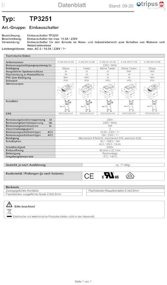 Tripus Einbauschalter, Maschinenschutzschalter mit Auslösung unter spannung TP3251-71-01/40 Uc 230V/50Hz