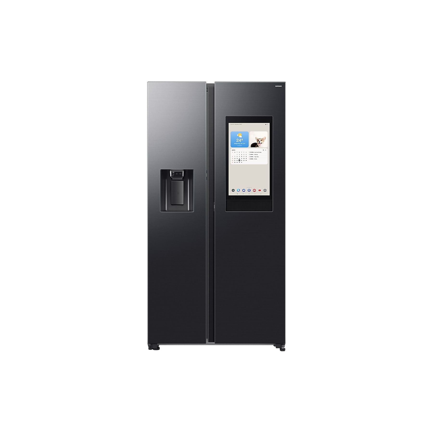 Front view of the closed Samsung Side-by-Side refrigerator in black with an active Family Hub display.