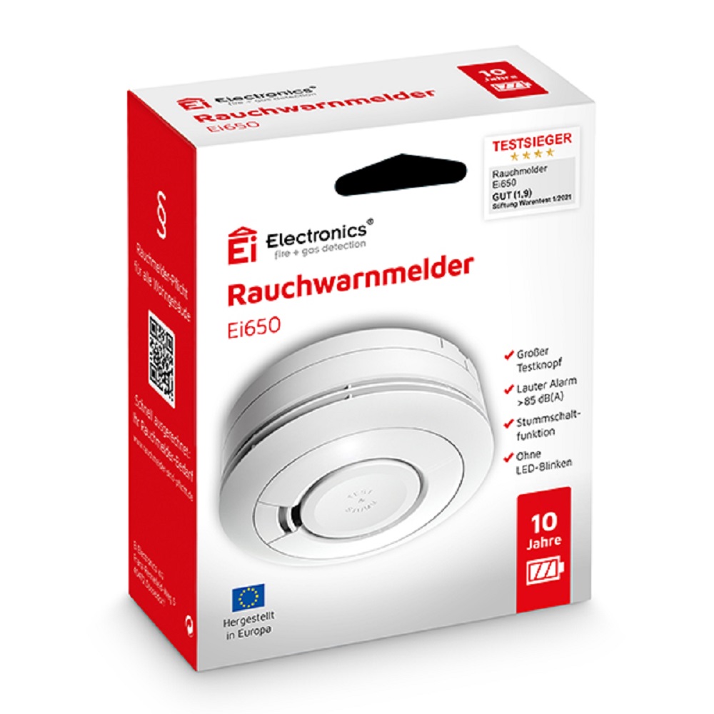 Ei Electronics Ei650 Rauchwarnmelder – Produktverpackung mit Herstellerlogo und technischen Angaben