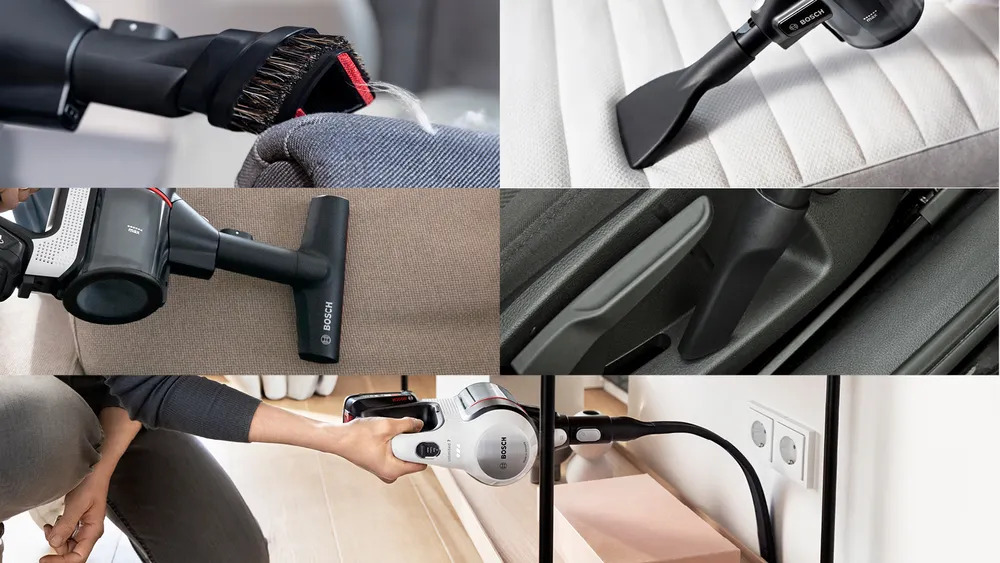 Vielseitige Bürstenaufsätze Bosch Unlimited 7 BSS711W mit verschiedenen Bürstenaufsätzen für Teppich und Hartboden