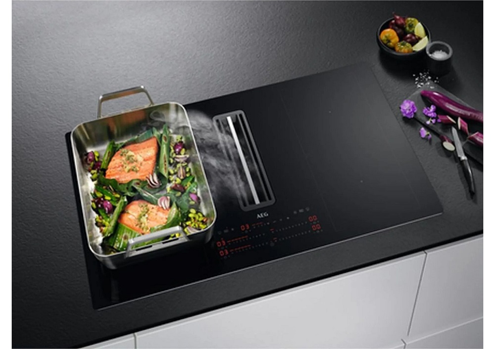 AEG CCE84779CB induction cooktop with integrated extractor