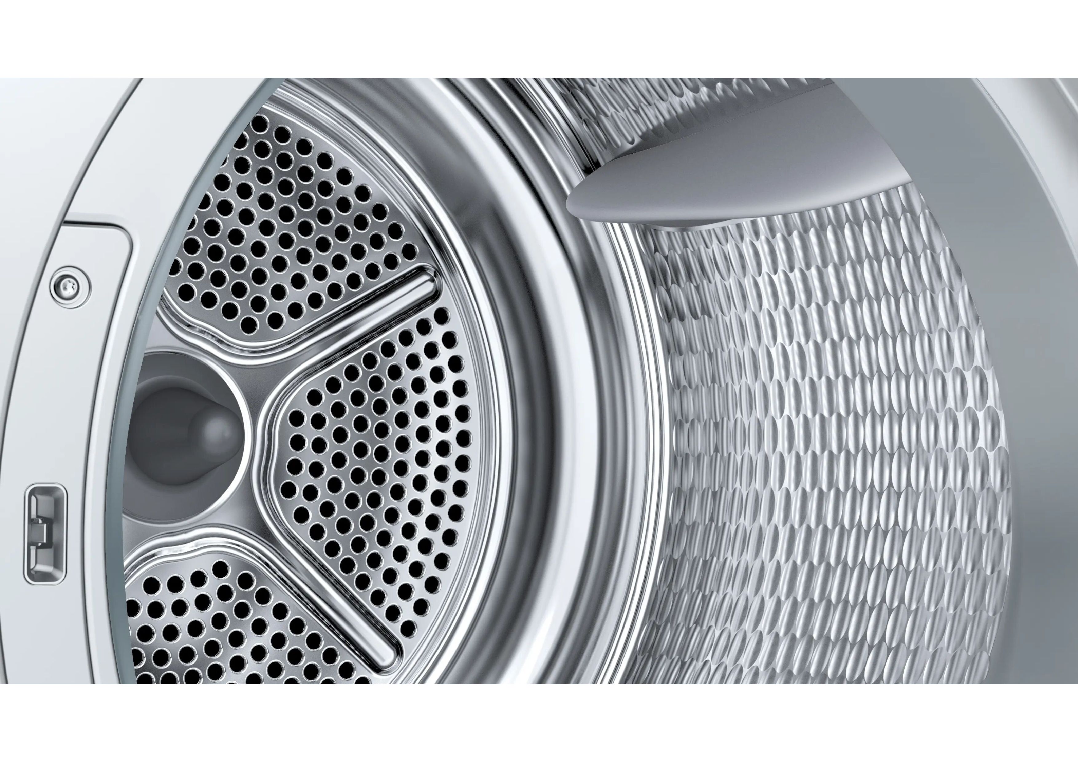 Innenansicht der strukturierten Edelstahl-Schontrommel des Bosch Wärmepumpentrockners.