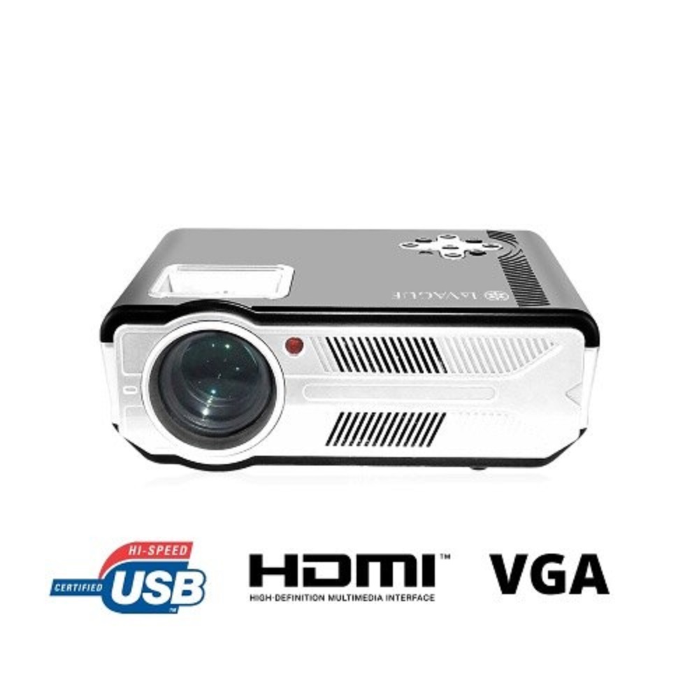 Frontansicht des LaVague LV‑HD300 LED‑Projektors mit prominentem Objektiv LaVague LV‑HD300 LED‑Projektor in schwarzem Gehäuse, Frontalansicht mit sichtbarem Objektiv