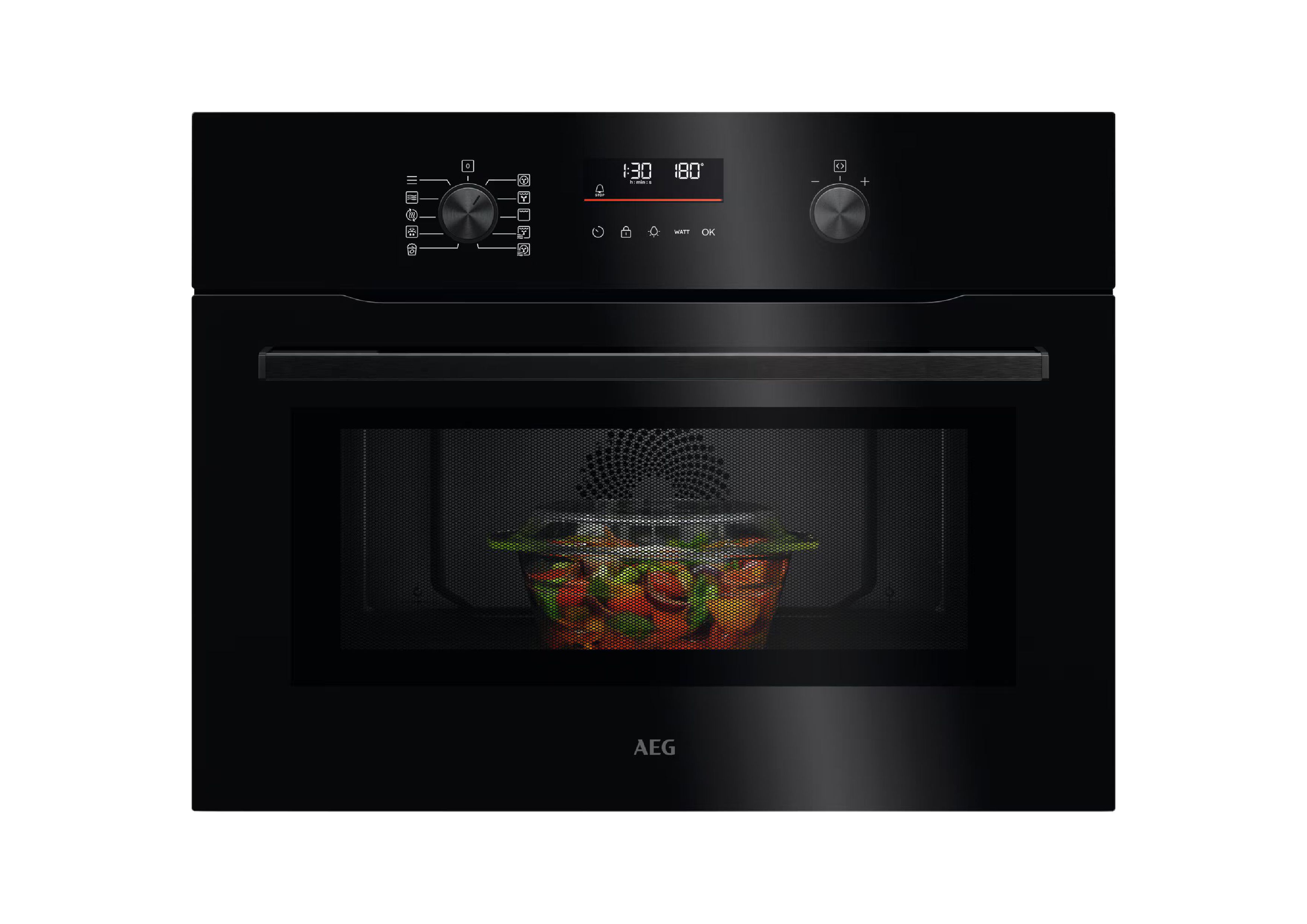 Front view of the AEG compact oven with a glass bowl full of vegetables.
