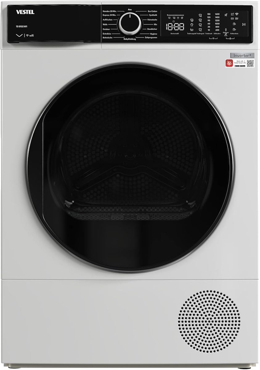 Weißer Vestel TDI 89302 WIFI Wärmepumpentrockner 8kg in der Frontansicht mit geschlossener Tür.
