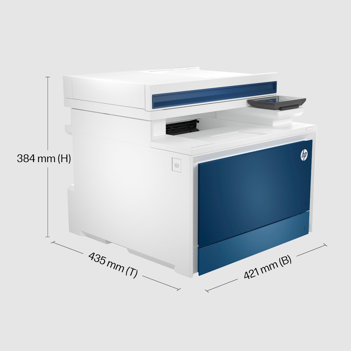 Technische Spezifikationen des HP Color LaserJet Pro MFP 4302: Abmessungen 421 x 435 x 384 mm, Gewicht 20,4 kg, Betriebstemperatur 10–32,5 °C, Stromverbrauch max. 585 W, Blue Angel zertifiziert