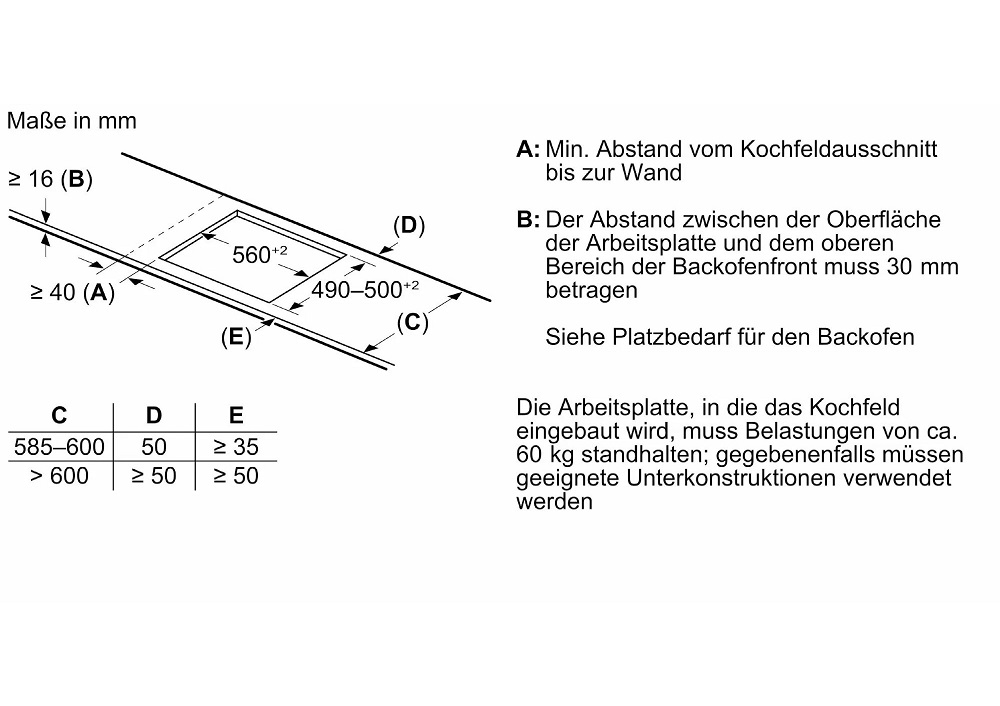 Technische Installationsskizze für den Arbeitsplattenausschnitt mit Nischenmaßen (560 mm Breite, 490 bis 500 mm Tiefe), Mindestabständen zur Wand und Belastungshinweisen für die Unterkonstruktion.