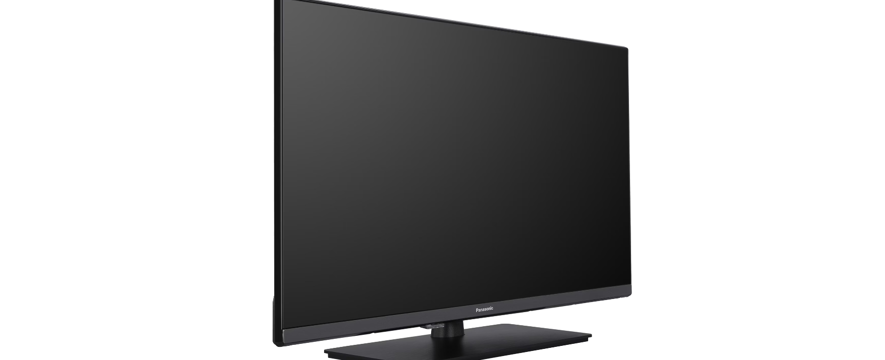 Schräge Seitenansicht des Fernsehers, die das schlanke Profil und den Standfuß zeigt.