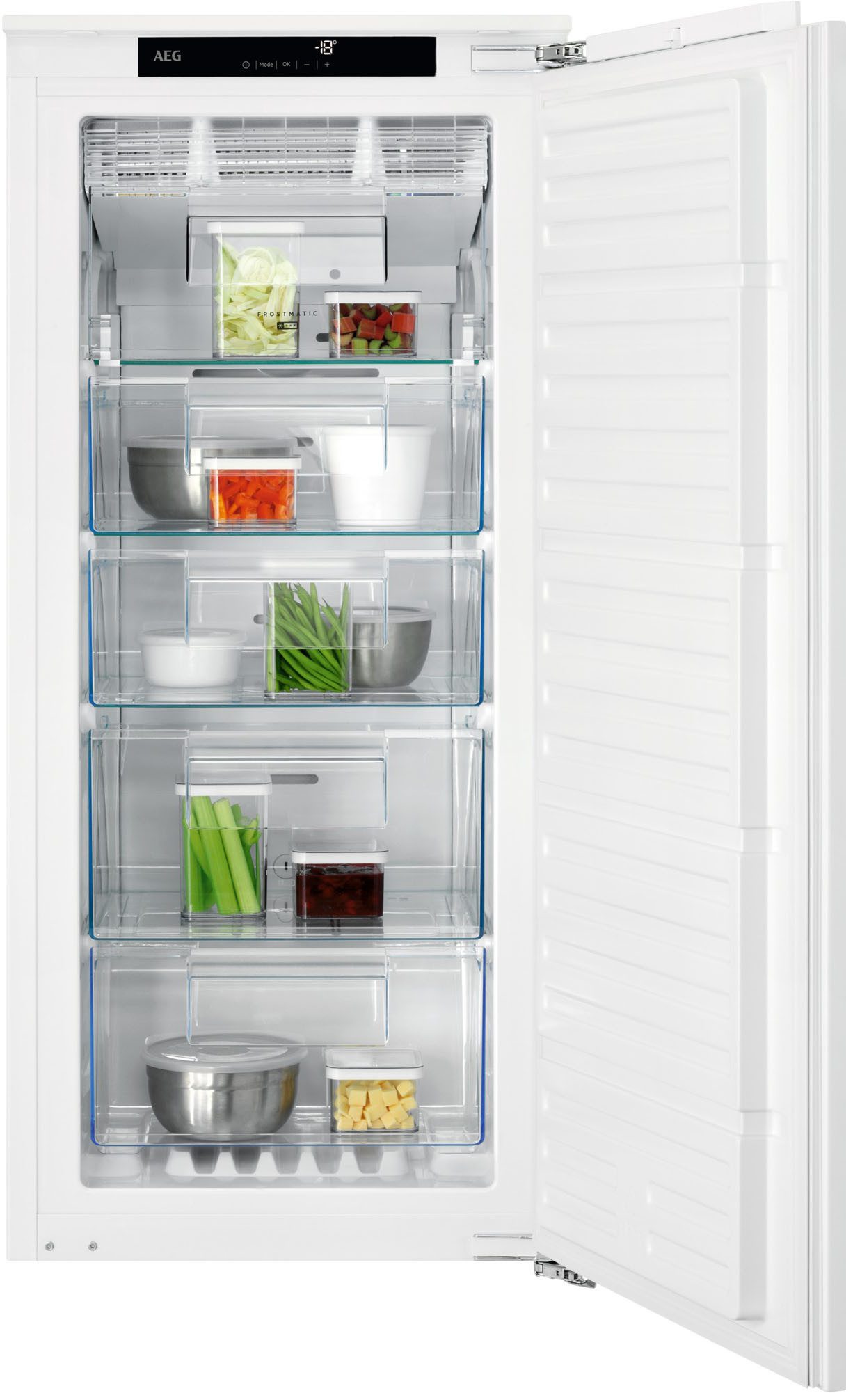 Full front view of the opened white AEG built-in freezer showcasing organized food across five clear zones.
